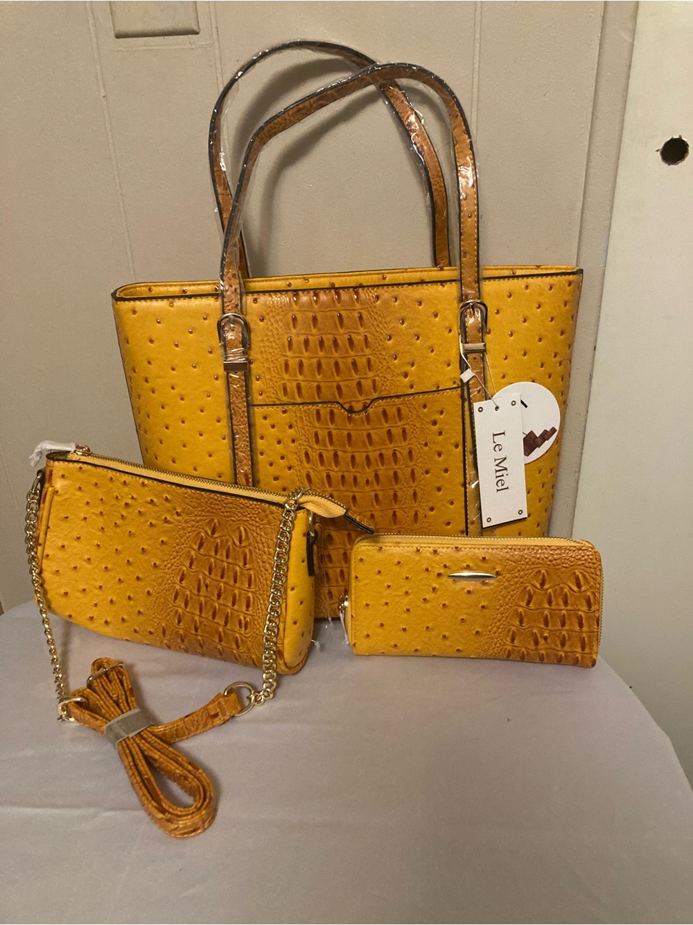 Yellow Ostrich-Embossed Tote, Crossbody and Wallet Set